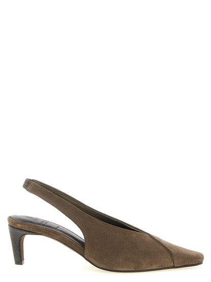 Mid-Heel Slingback Pumps Heels by Brunello Cucinelli for women in suede calfskin leather gray features a effortless chic silhouette, showcasing the City Monile Women's Suede Calfskin Leather Mid-Heel Slingback Pumps Heels design with a effortless chic mid-heel and for a effortless chic finish.