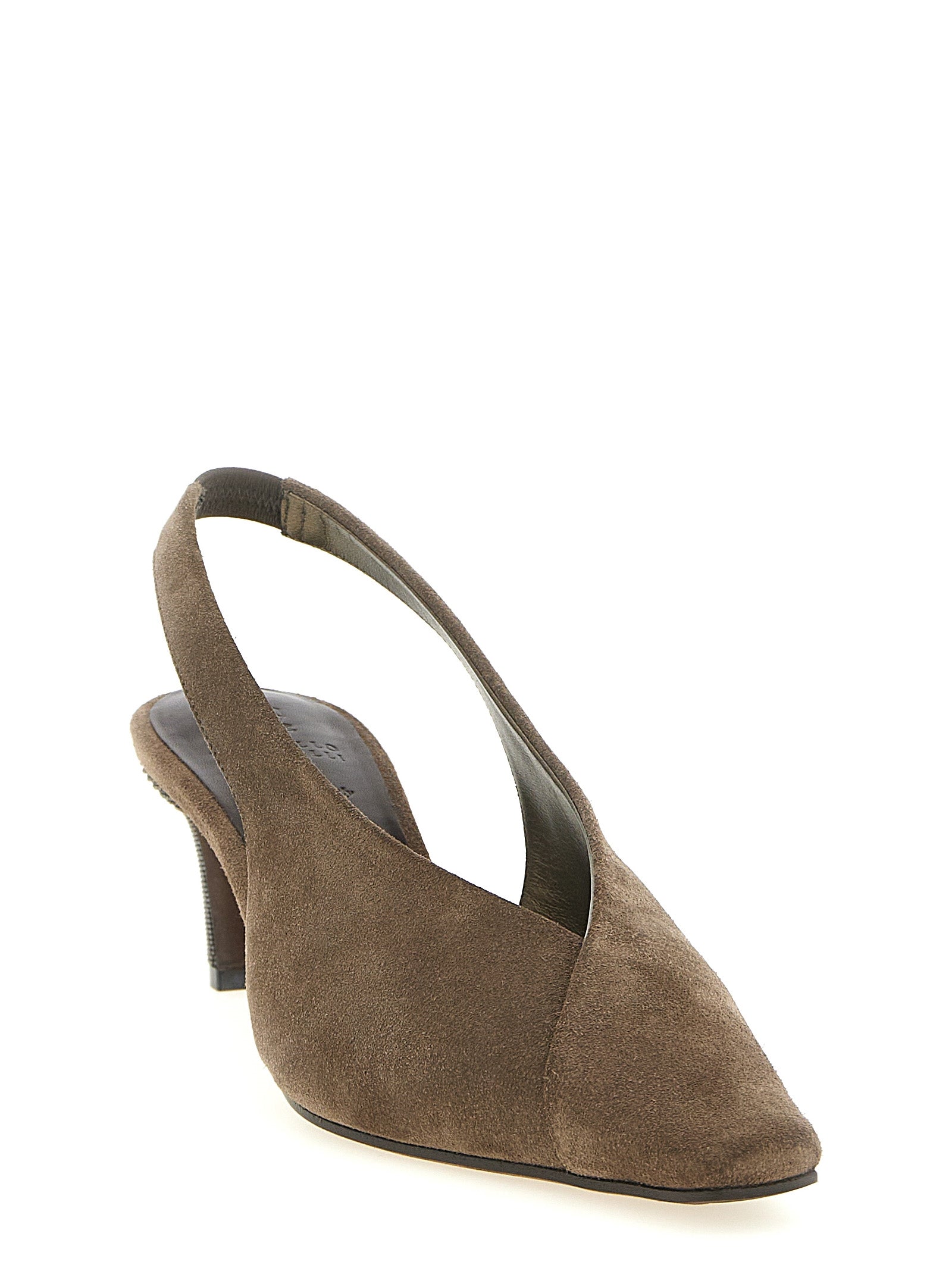 Mid-Heel Slingback Pumps Heels by Brunello Cucinelli for women in suede calfskin leather gray features an effortlessly chic silhouette from the City Monile Women's Suede Calfskin Leather Mid-Heel Slingback Pumps Heels collection, showcasing a mid-heel and effortlessly chic for a effortlessly chic look.