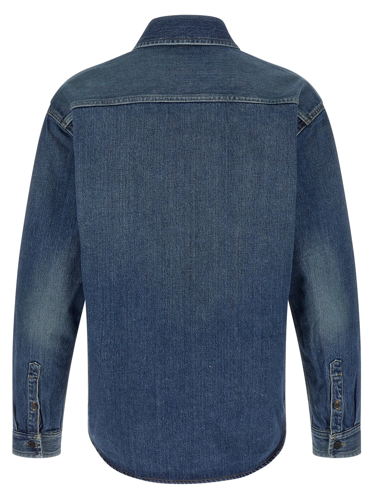 Shirt by Saint Laurent for men in denim cotton blue showcases a sharp silhouette, elegantly detailed with a sharp and sharp .