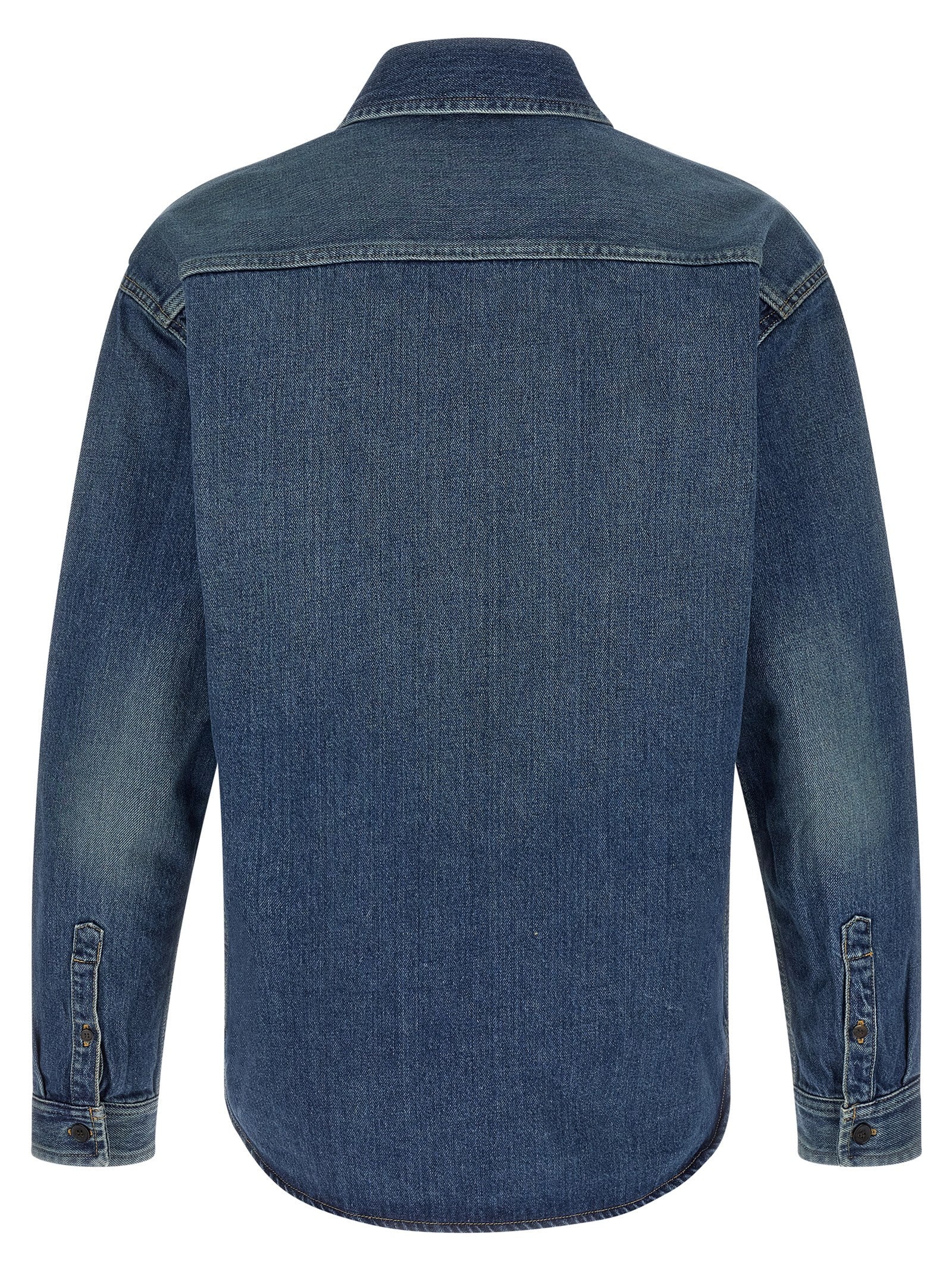 Shirt by Saint Laurent for men in denim cotton blue showcases a sharp silhouette, elegantly detailed with a sharp and sharp .