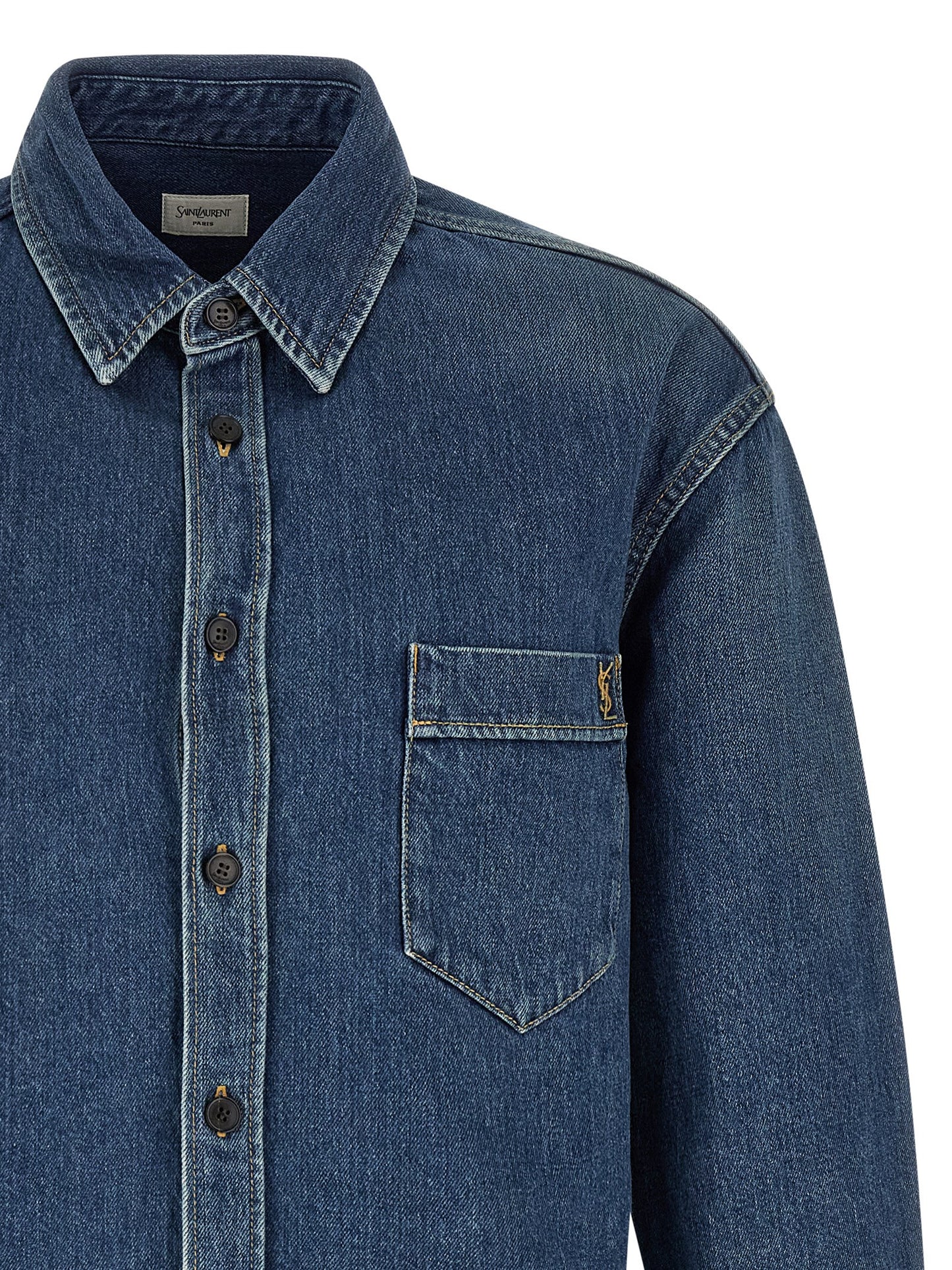 Shirt by Saint Laurent for men in denim cotton blue features an architectural silhouette with a refined and elegant for a architectural look.