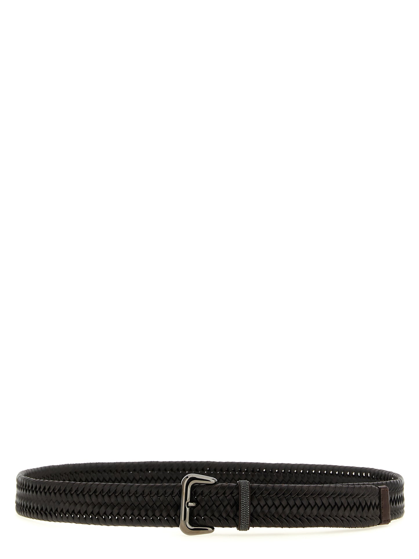 Belt by Brunello Cucinelli for women in calf leather & stretch viscose brown, patterned & signature presents a artisanal silhouette from the Monile Calf Leather & Stretch Viscose Belt collection, showcasing an artisanal design and refined craftsmanship for a artisanal look.