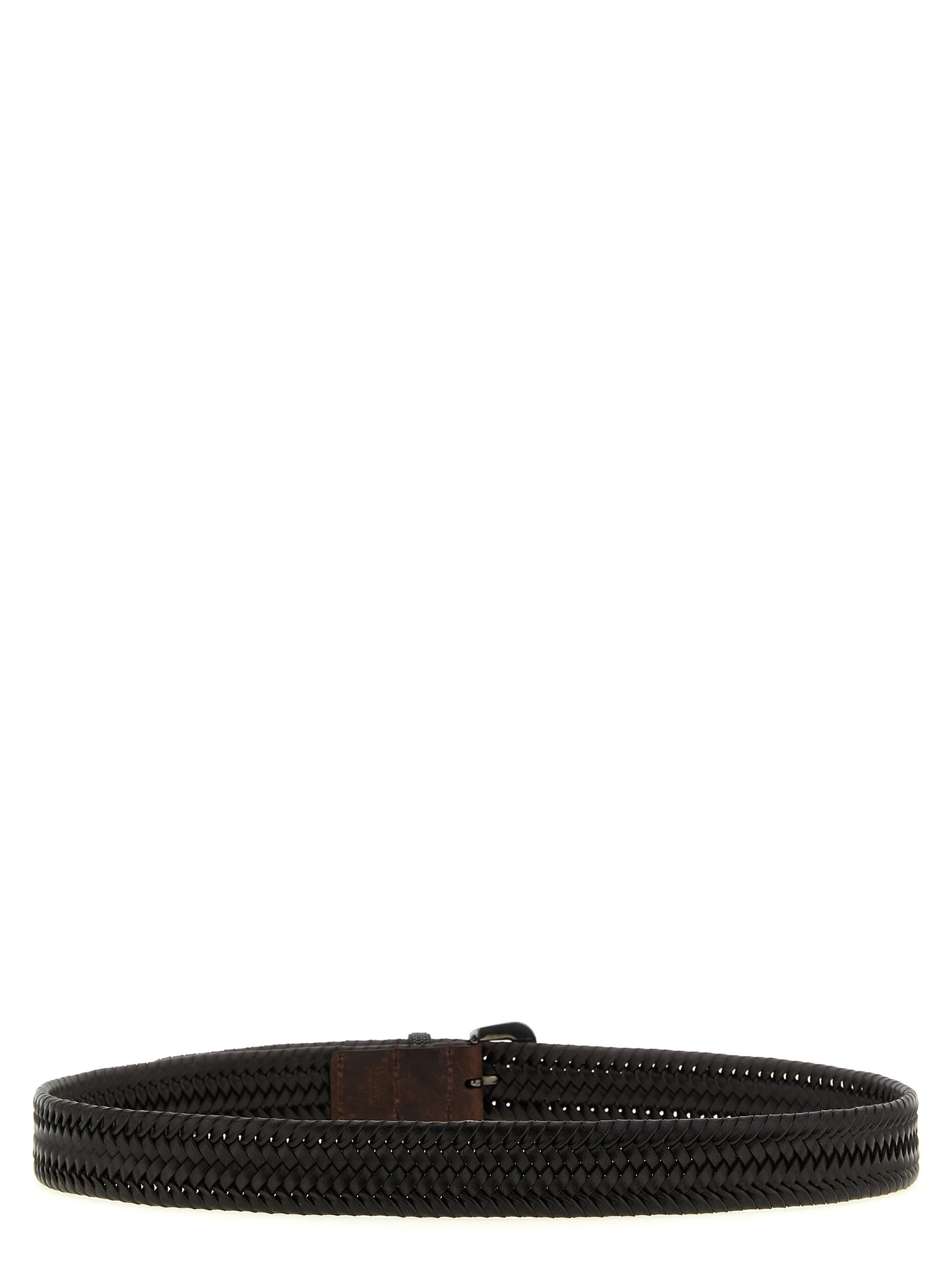 Belt by Brunello Cucinelli for women in calf leather & stretch viscose brown, patterned & signature features an artisanal finish, elegantly showcasing the signature style and artisanal craftsmanship of the Monile Calf Leather & Stretch Viscose Belt design.