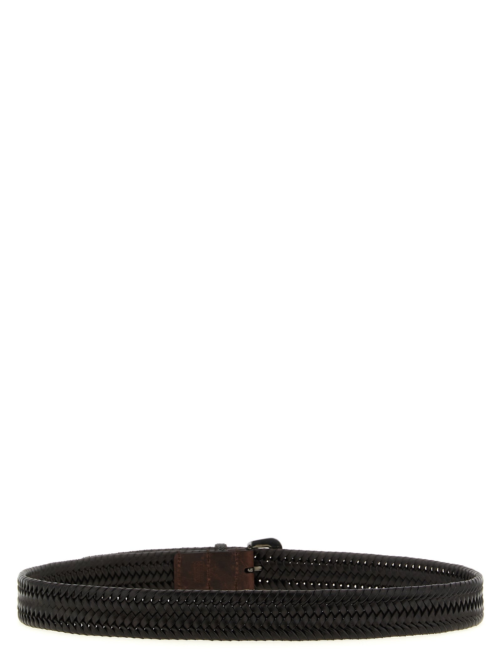 Belt by Brunello Cucinelli for women in calf leather & stretch viscose brown, patterned & signature features an artisanal finish, elegantly showcasing the signature style and artisanal craftsmanship of the Monile Calf Leather & Stretch Viscose Belt design.