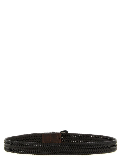 Belt by Brunello Cucinelli for women in calf leather & stretch viscose brown, patterned & signature features an artisanal finish, elegantly showcasing the signature style and artisanal craftsmanship of the Monile Calf Leather & Stretch Viscose Belt design.
