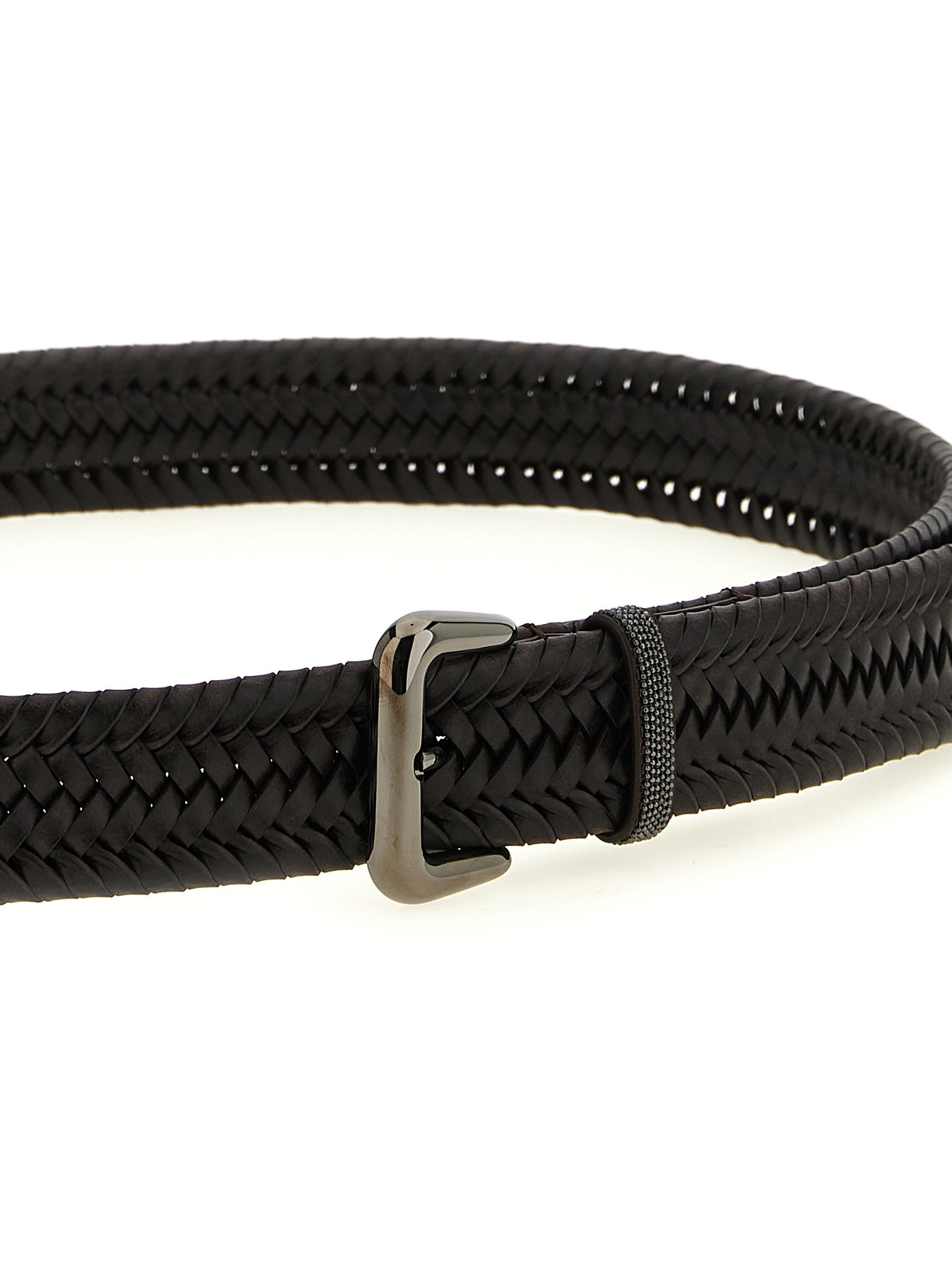 Belt by Brunello Cucinelli for women in calf leather & stretch viscose brown, patterned & signature features a bohemian chic silhouette, showcasing the bohemian chic Monile Calf Leather & Stretch Viscose Belt design with a sophisticated bohemian chic finish.