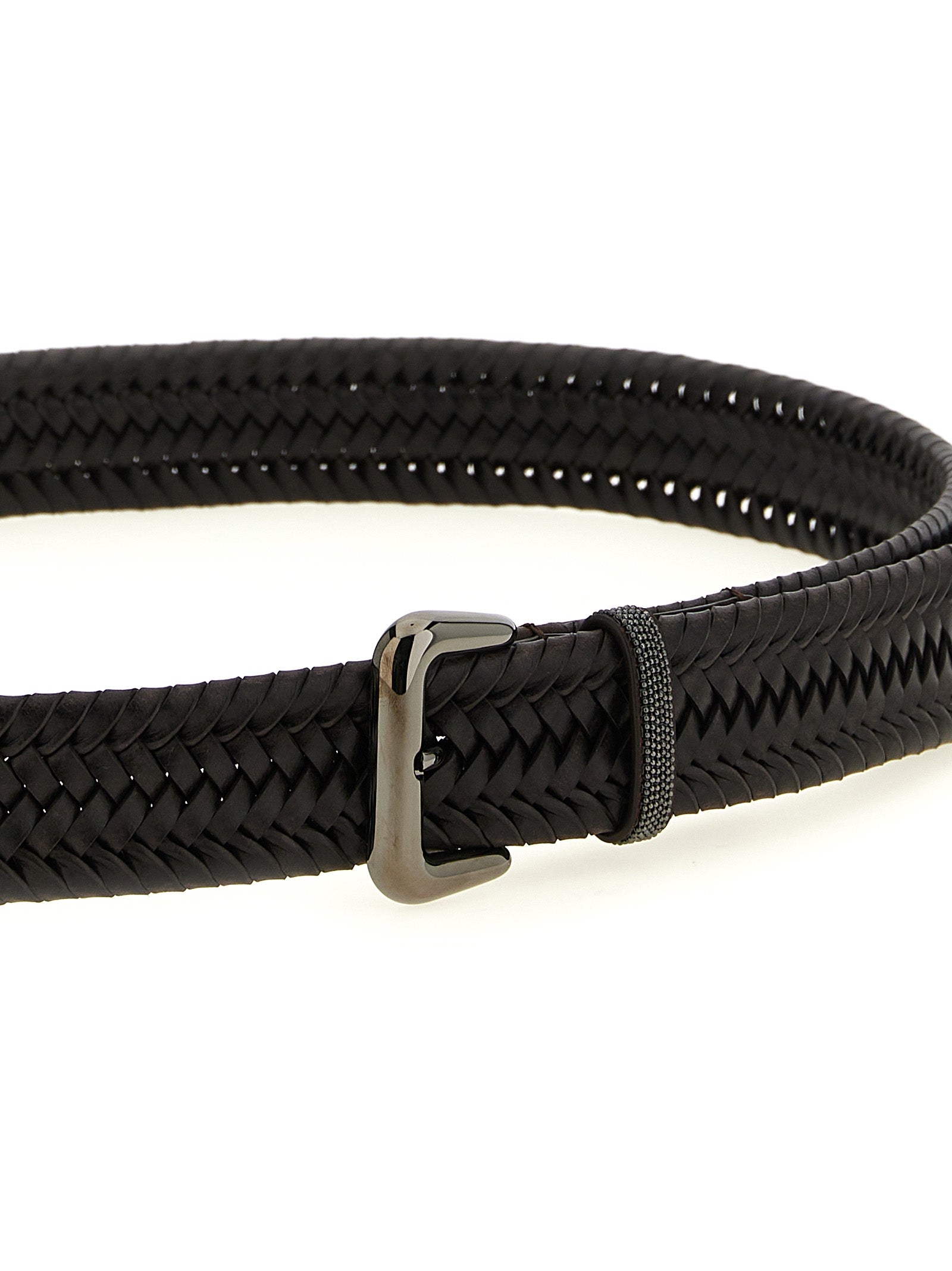 Belt by Brunello Cucinelli for women in calf leather & stretch viscose brown, patterned & signature features a bohemian chic silhouette, showcasing the bohemian chic Monile Calf Leather & Stretch Viscose Belt design with a sophisticated bohemian chic finish.