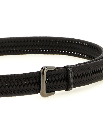 Belt by Brunello Cucinelli for women in calf leather & stretch viscose brown, patterned & signature features a bohemian chic silhouette, showcasing the bohemian chic Monile Calf Leather & Stretch Viscose Belt design with a sophisticated bohemian chic finish.