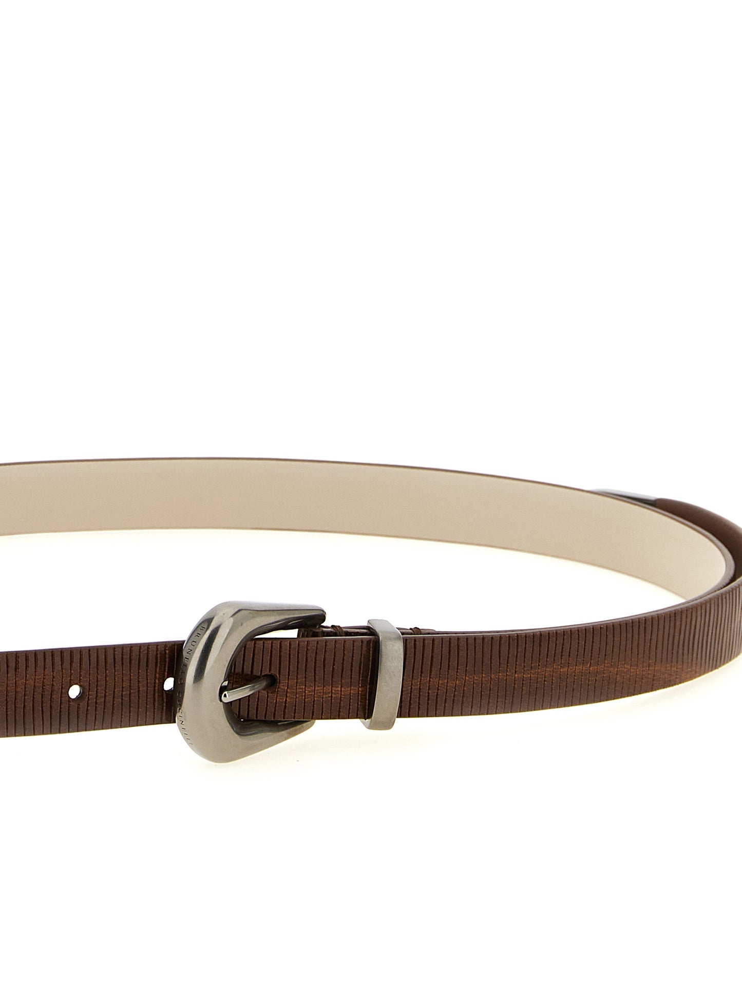 Belt by Brunello Cucinelli for women in bos taurus calfskin leather brown, silver, signature & striped features a versatile silhouette, artfully showcasing the versatile design of the Bos Taurus Calfskin Leather Belt for a sophisticated, premium finish.