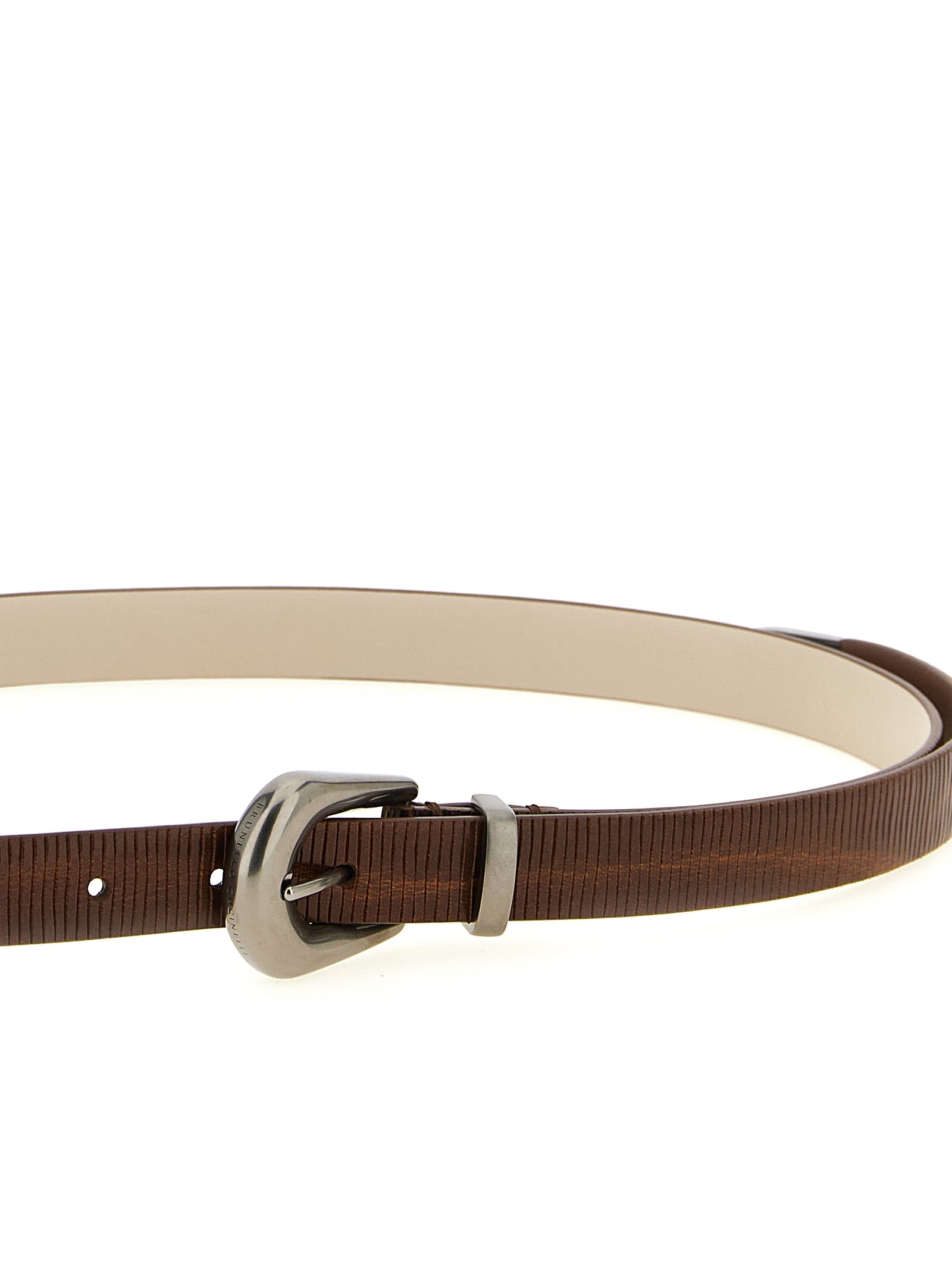 Belt by Brunello Cucinelli for women in bos taurus calfskin leather brown, silver, signature & striped features a versatile silhouette, artfully showcasing the versatile design of the Bos Taurus Calfskin Leather Belt for a sophisticated, premium finish.