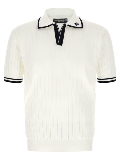 Dolce & Gabbana Men's V Neck Polyamide & Cotton Polo Shirt - Bicolour Black White