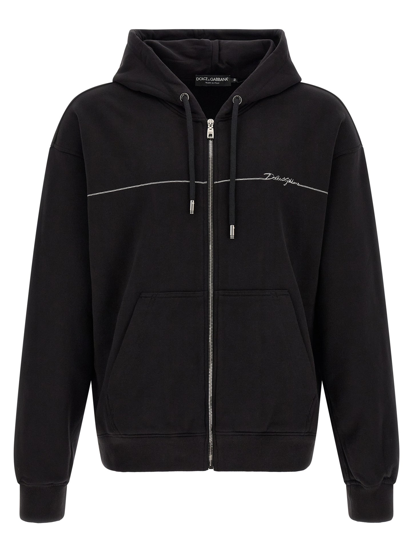 Sweatshirt Hoodie by Dolce & Gabbana for men in cotton satin black & silver showcases a city-ready silhouette, artfully detailed with a signature hooded neckline and for a city-ready finish.