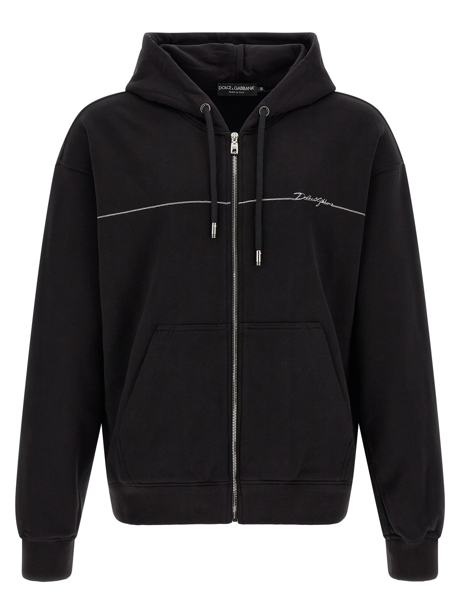 Sweatshirt Hoodie by Dolce & Gabbana for men in cotton satin black & silver showcases a city-ready silhouette, artfully detailed with a signature hooded neckline and for a city-ready finish.