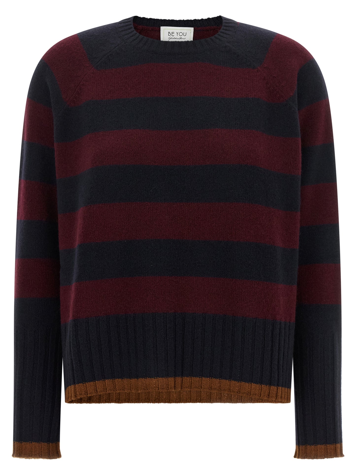BE YOU Women's Relaxed Fit Wide Crew Neck Cashmere Cardigan - Bordeaux Burgundy Camel Navy Striped