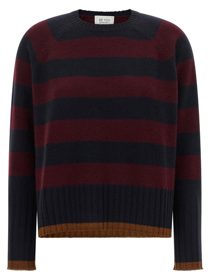 BE YOU Women's Relaxed Fit Wide Crew Neck Cashmere Cardigan - Bordeaux Burgundy Camel Navy Striped