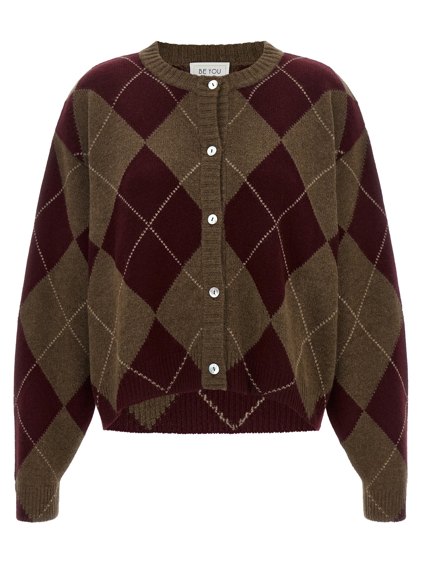 Cardigan by BE YOU for women in cashmere brown, burgundy, multicolor, pearl & patterned presents a textural silhouette, artfully finished with a textural crew neckline and for a sophisticated, textural look.