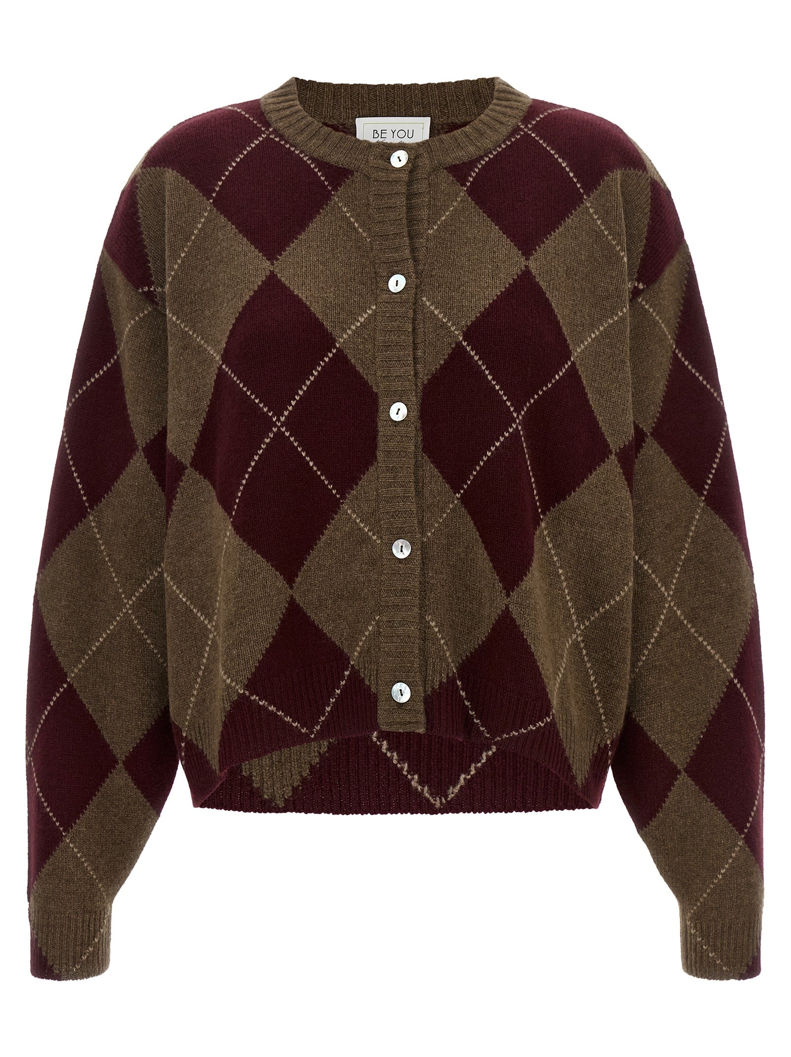 Cardigan by BE YOU for women in cashmere brown, burgundy, multicolor, pearl & patterned presents a textural silhouette, artfully finished with a textural crew neckline and for a sophisticated, textural look.