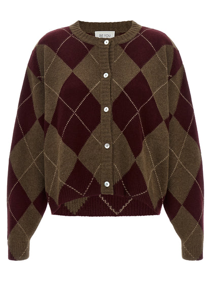 Cardigan by BE YOU for women in cashmere brown, burgundy, multicolor, pearl & patterned presents a textural silhouette, artfully finished with a textural crew neckline and for a sophisticated, textural look.