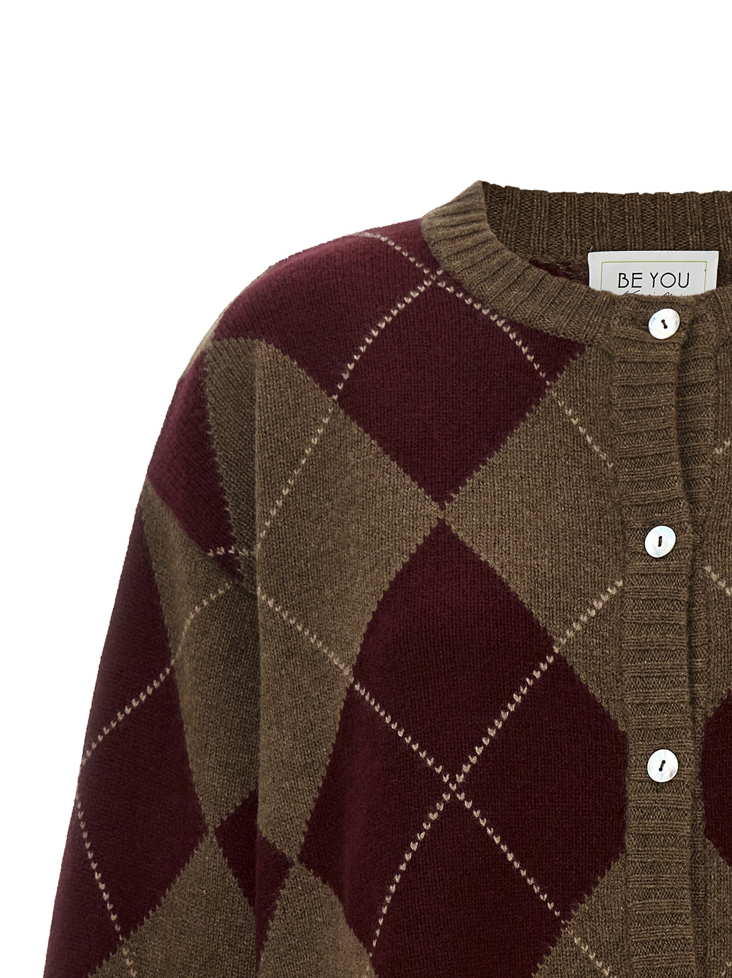 Cardigan by BE YOU for women in cashmere brown, burgundy, multicolor, pearl & patterned showcases a luxurious silhouette, meticulously detailed with a sophisticated crew neckline and for a refined finish.
