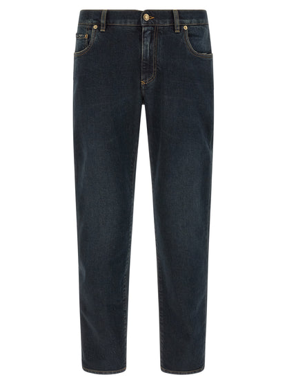 Jeans by Dolce & Gabbana for men in stretch denim cotton blue, gold & signature features a refined silhouette with a refined skinny, defined by a and a refined long for a refined finish.