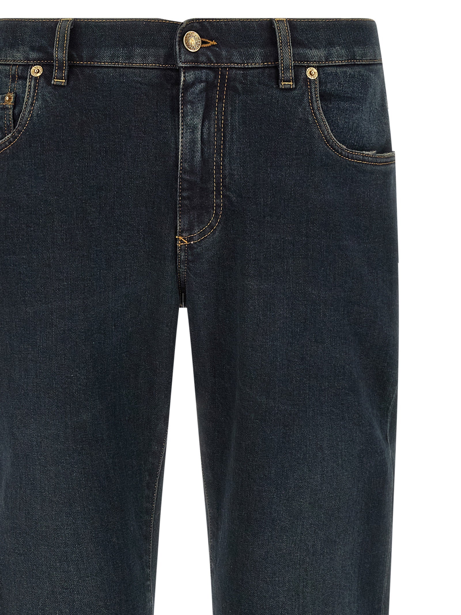Jeans by Dolce & Gabbana for men in stretch denim cotton blue, gold & signature presents a tailored silhouette, showcasing a tailored skinny and long cut with a refined for a truly tailored aesthetic.