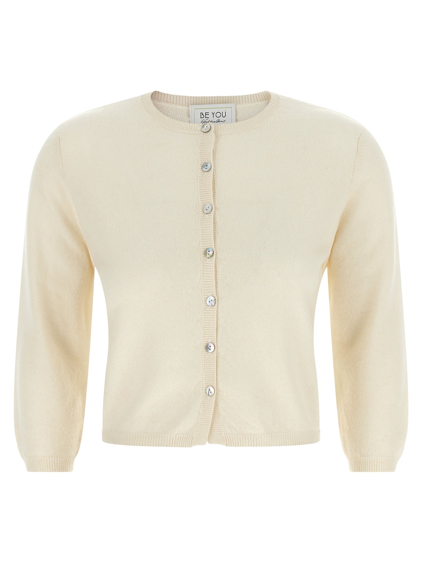 BE YOU Women's Regular Fit Round Neck Cashmere Cardigan - Ivory Pearl White