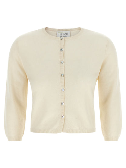 BE YOU Women's Regular Fit Round Neck Cashmere Cardigan - Ivory Pearl White