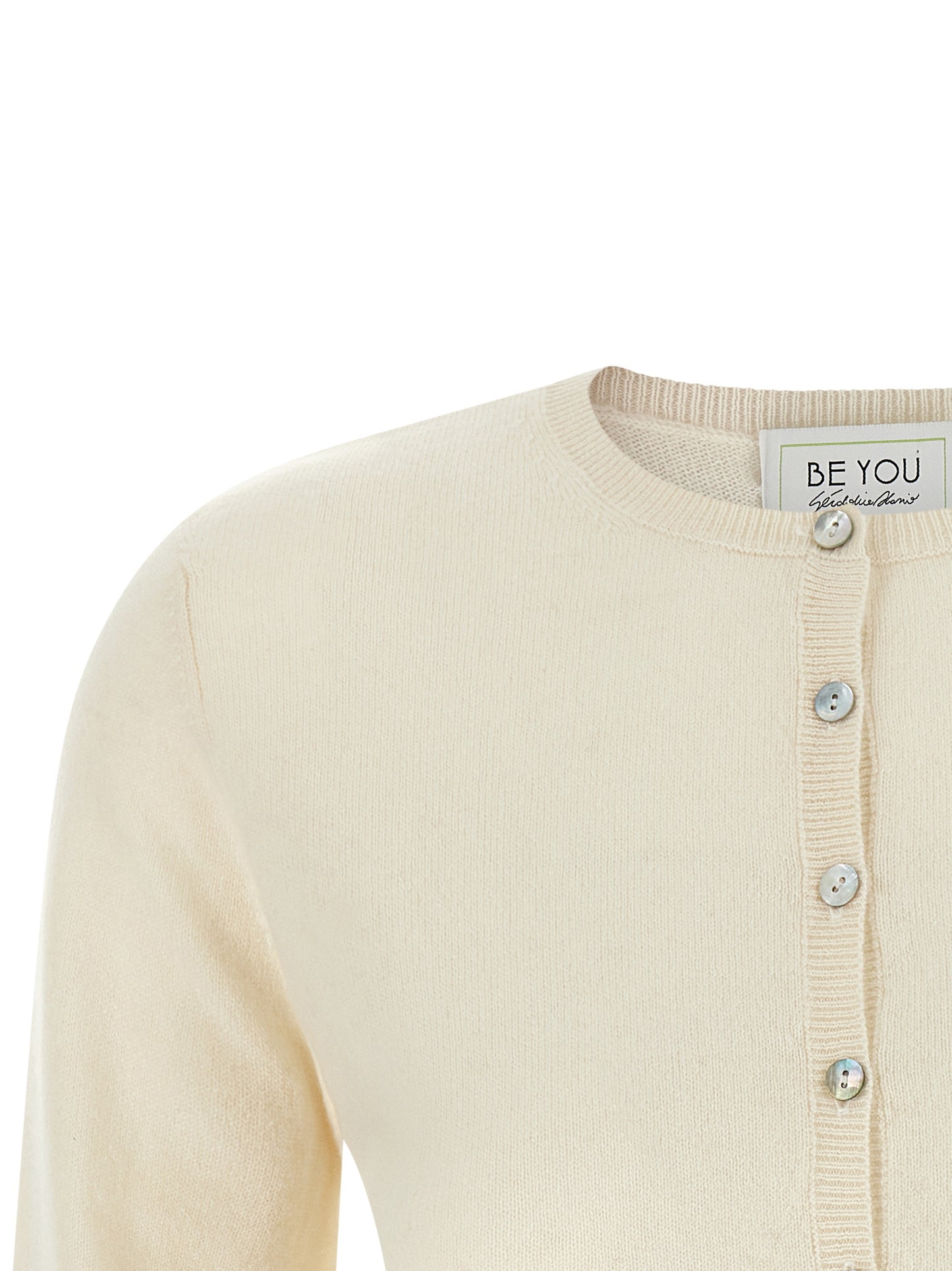 BE YOU Women's Regular Fit Round Neck Cashmere Cardigan - Ivory Pearl White
