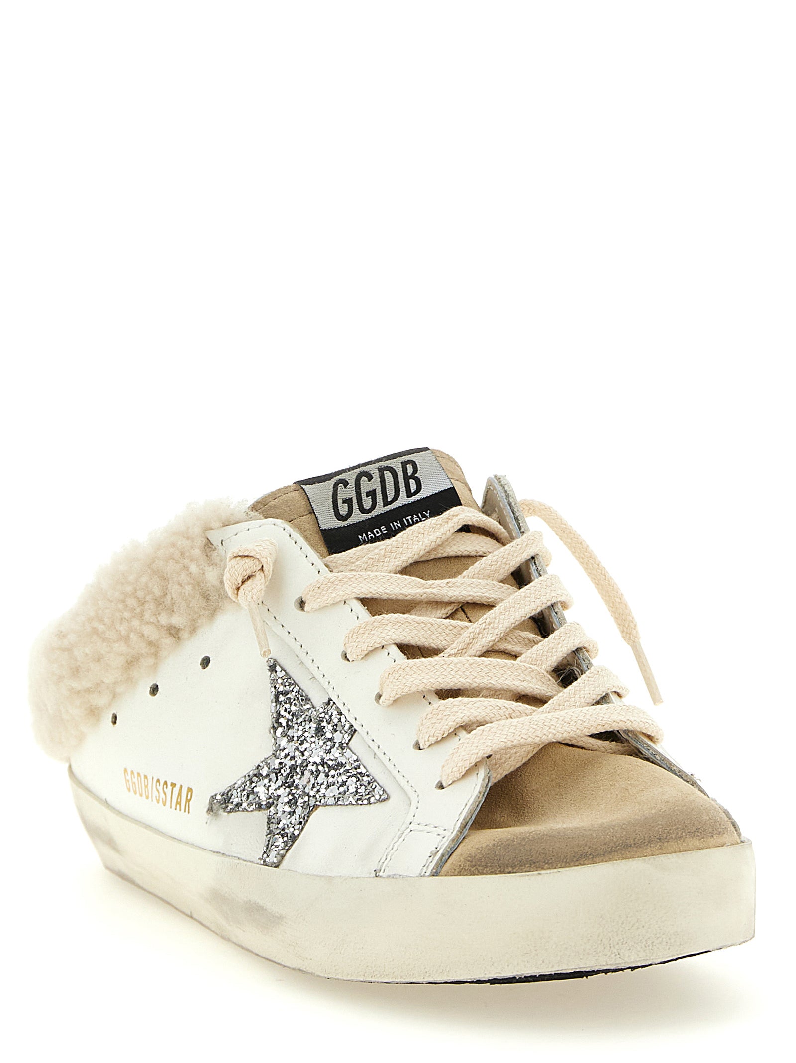 Sneakers by Golden Goose for women in polyester suede leather & cotton beige, gold, silver & white presents a sumptuous silhouette, artfully capturing the essence of the Star Women's Chunky Polyester Suede Leather & Cotton Sneakers with its sumptuous chunky style design.