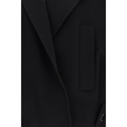 Overcoat by Max Mara for women in virgin wool black showcases a architectural silhouette, artfully detailed with a distinctive and functional for a architectural finish.