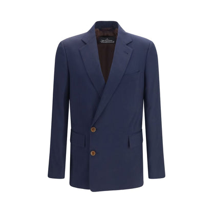 Overcoat by Vivienne Westwood for men in wool blue, jacquard & signature features an satoral silhouette, showcasing a sophisticated and satoral pockets for a premium, timeless look.