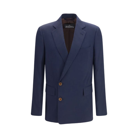 Overcoat by Vivienne Westwood for men in wool blue, jacquard & signature features an satoral silhouette, showcasing a sophisticated and satoral pockets for a premium, timeless look.