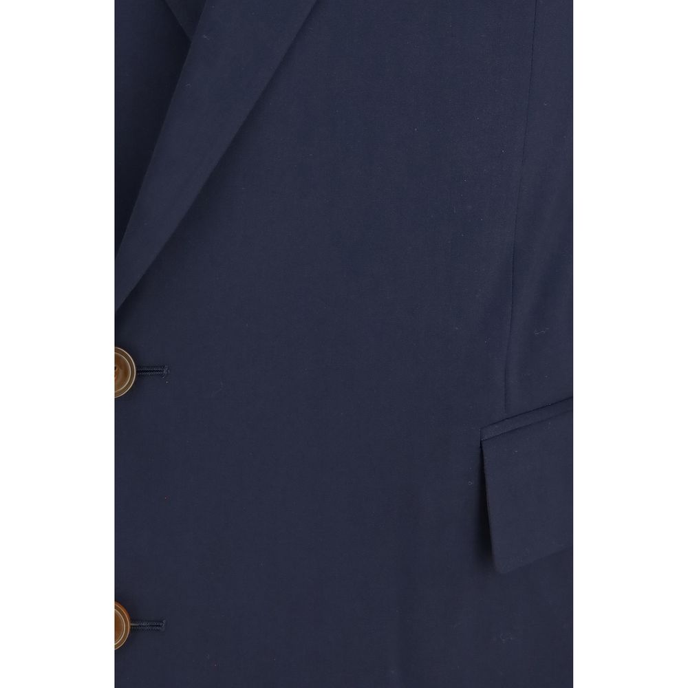 Overcoat by Vivienne Westwood for men in wool blue, jacquard & signature showcases a architectural silhouette, artfully detailed with a distinctive and functional pockets for a architectural finish.