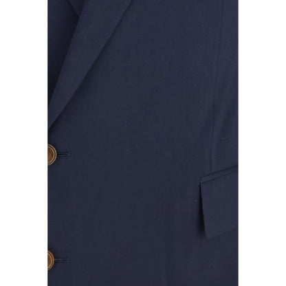 Overcoat by Vivienne Westwood for men in wool blue, jacquard & signature showcases a architectural silhouette, artfully detailed with a distinctive and functional pockets for a architectural finish.