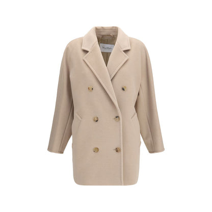 Overcoat by Max Mara for women in cashmere merino wool & capra leather beige features an satoral silhouette, showcasing a sophisticated and satoral pockets for a premium, timeless look.