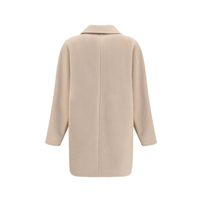 Overcoat by Max Mara for women in cashmere merino wool & capra leather beige showcases a enveloping silhouette, detailed with distinctive pockets and a enveloping .