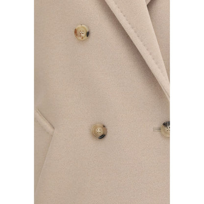 Overcoat by Max Mara for women in cashmere merino wool & capra leather beige features an voluminous silhouette, showcasing distinct pockets and a voluminous for a truly voluminous aesthetic.
