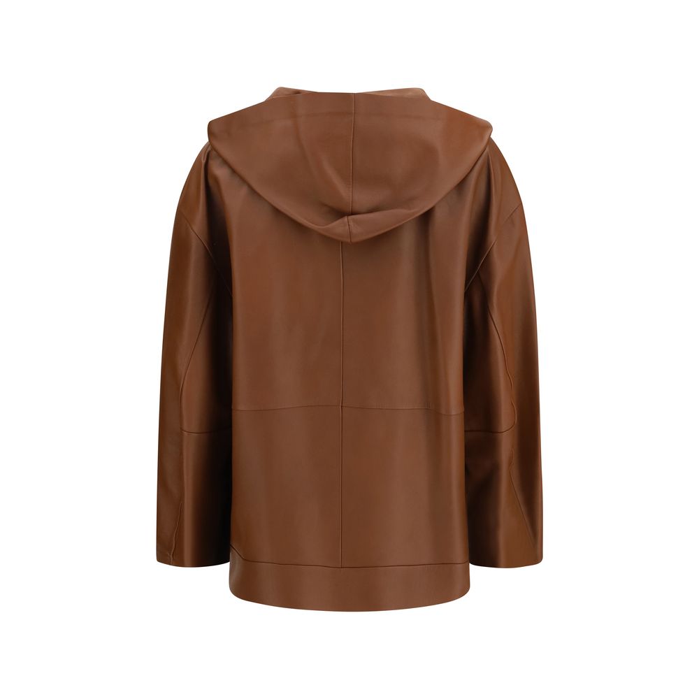 Hooded Jacket by Max Mara for women in lambskin leather brown features an utilitarian silhouette with a refined hooded neckline, showcasing sophisticated hooded for an utilitarian aesthetic.