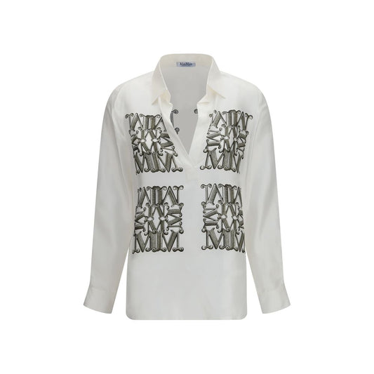 Dress Shirt by Max Mara for women in silk twill white & print showcases a sharp silhouette, elegantly detailed with a sharp v-neck neckline and sharp long-sleeve.