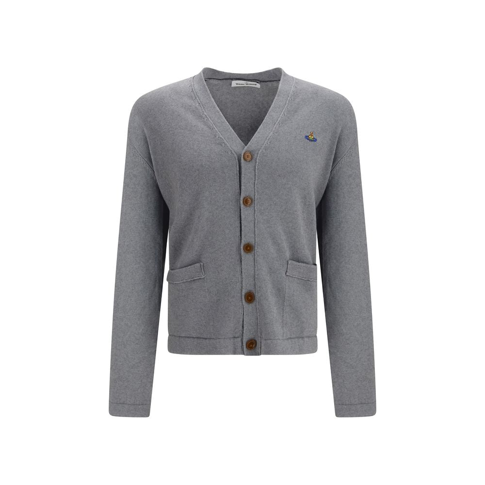 Cardigan by Vivienne Westwood for men in cashmere cotton & capra leather gray showcases a luxurious silhouette, meticulously detailed with a sophisticated v-neck neckline and long-sleeve for a refined finish.
