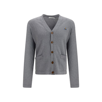 Cardigan by Vivienne Westwood for men in cashmere cotton & capra leather gray showcases a luxurious silhouette, meticulously detailed with a sophisticated v-neck neckline and long-sleeve for a refined finish.