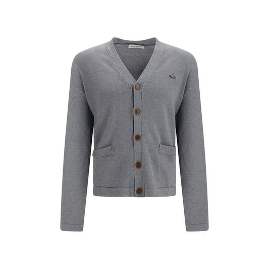 Cardigan by Vivienne Westwood for men in cashmere cotton & capra leather gray showcases a luxurious silhouette, meticulously detailed with a sophisticated v-neck neckline and long-sleeve for a refined finish.