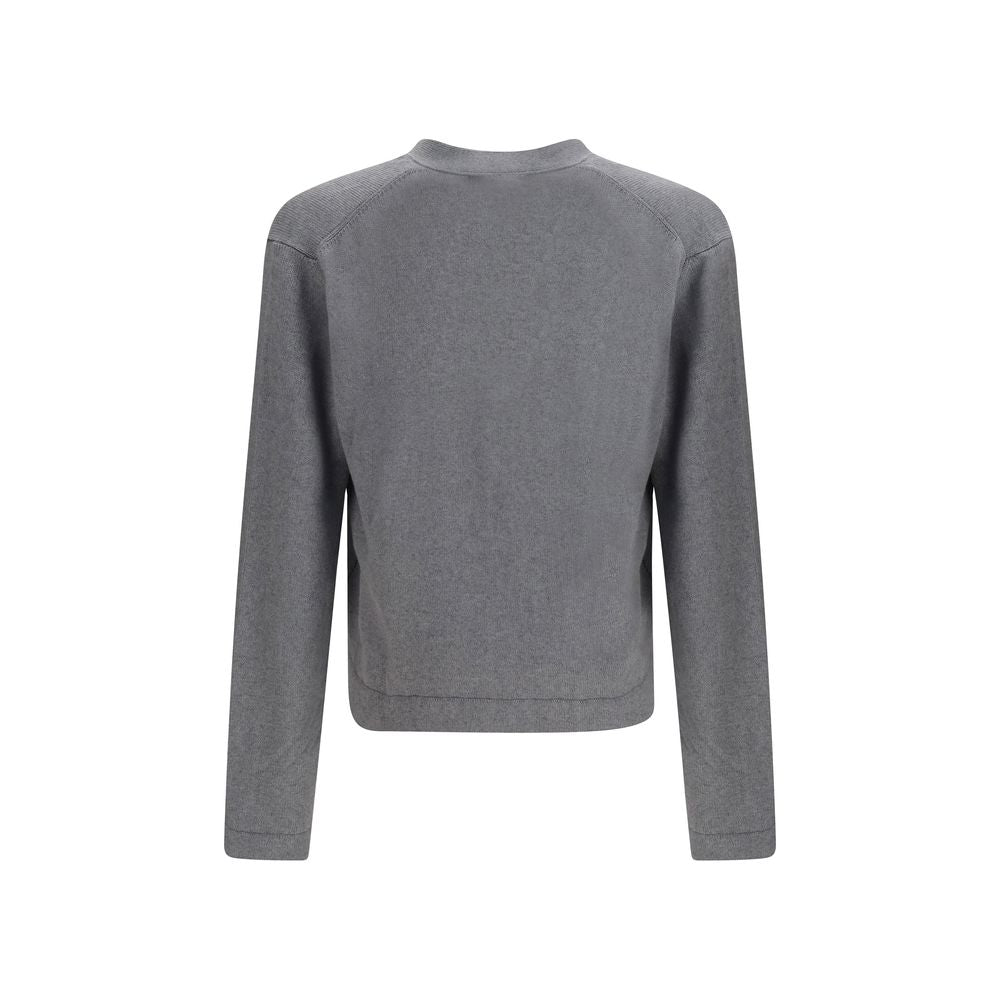 Cardigan by Vivienne Westwood for men in cashmere cotton & capra leather gray features a dramatic silhouette, showcasing a sophisticated v-neck neckline and dramatic detail for a timeless, premium look.
