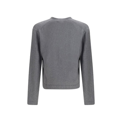 Cardigan by Vivienne Westwood for men in cashmere cotton & capra leather gray features a dramatic silhouette, showcasing a sophisticated v-neck neckline and dramatic detail for a timeless, premium look.