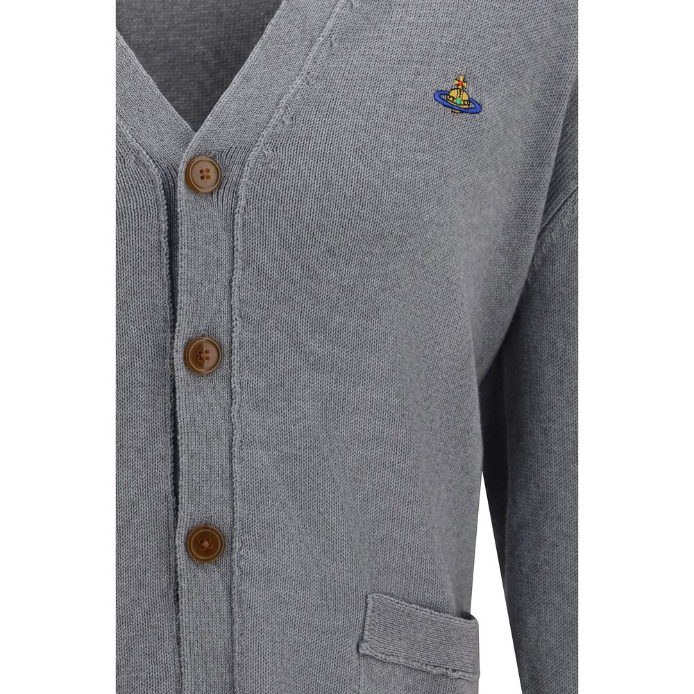 Cardigan by Vivienne Westwood for men in cashmere cotton & capra leather gray features a nuanced silhouette with a refined and nuanced detailing for a sophisticated look.