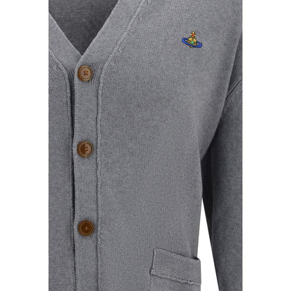 Cardigan by Vivienne Westwood for men in cashmere cotton & capra leather gray features a nuanced silhouette with a refined and nuanced detailing for a sophisticated look.