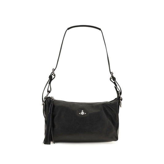 This Shoulder Handbag by Vivienne Westwood for women in lambskin leather and black & silver presents a sculptural silhouette featuring a secure zipper, ample , and versatile shoulder-strap & adjustable-strap for a sculptural finish.