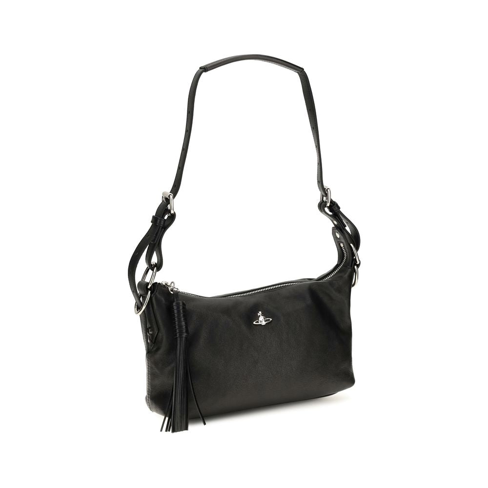 Shoulder Handbag by Vivienne Westwood for women in lambskin leather black & silver features an refined silhouette, showcasing a secure zipper, ample , and versatile shoulder-strap & adjustable-strap for a sophisticated refined aesthetic.