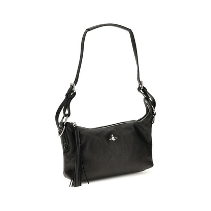 Shoulder Handbag by Vivienne Westwood for women in lambskin leather black & silver features an refined silhouette, showcasing a secure zipper, ample , and versatile shoulder-strap & adjustable-strap for a sophisticated refined aesthetic.