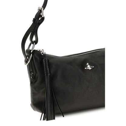 Shoulder Handbag by Vivienne Westwood for women in lambskin leather black & silver features an refined silhouette, showcasing a secure zipper, ample , and versatile shoulder-strap & adjustable-strap for a sophisticated refined aesthetic.